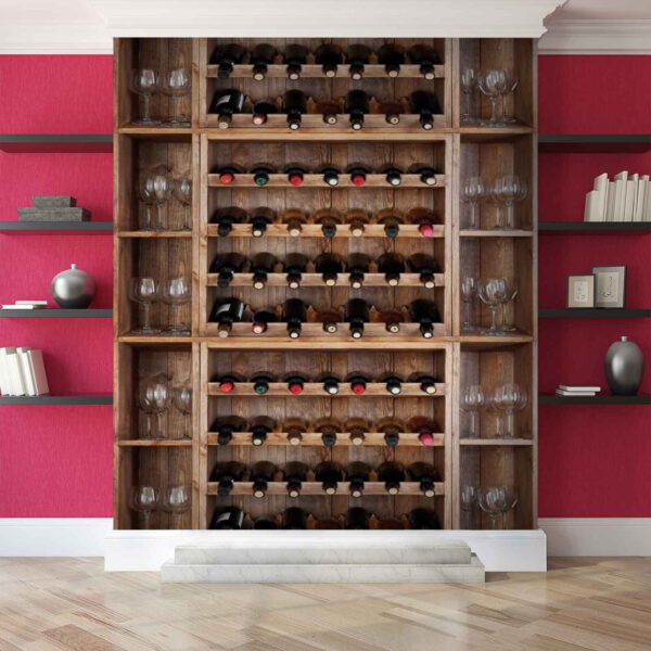 Wine bottles and glasses on a shelf Wall murals Wine bottles and glasses on a shelf
