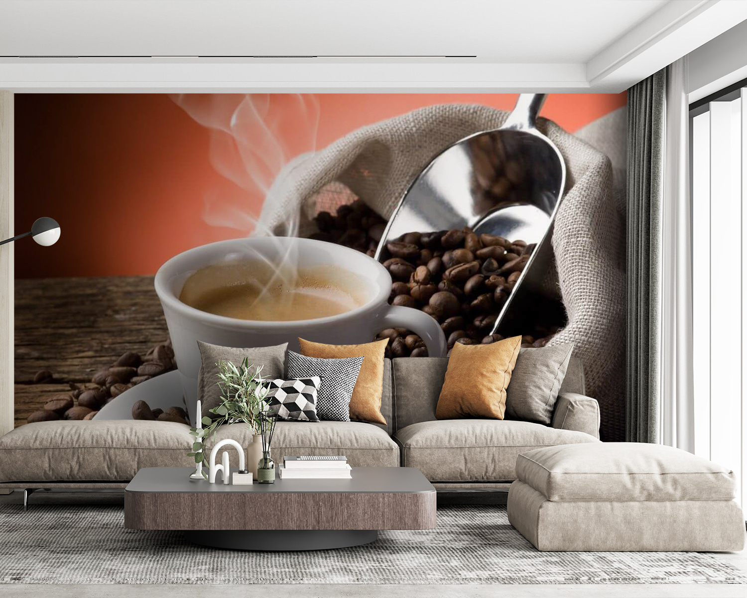 Cup of coffee with steam and coffee beans u64903pig63m - Cup of coffee with steam and coffee beans - tegory