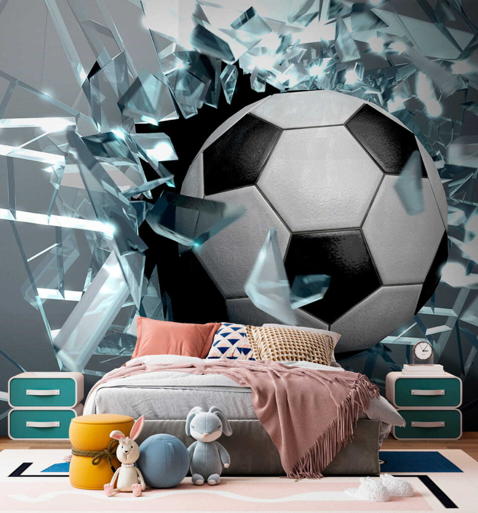 Football ball breaking through glass