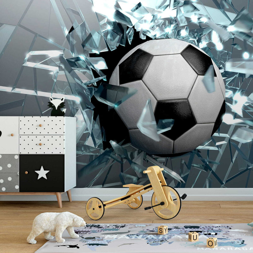 Football ball breaking through glass