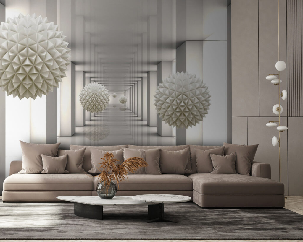 White room with white columns and white balls White room with white columns and white balls