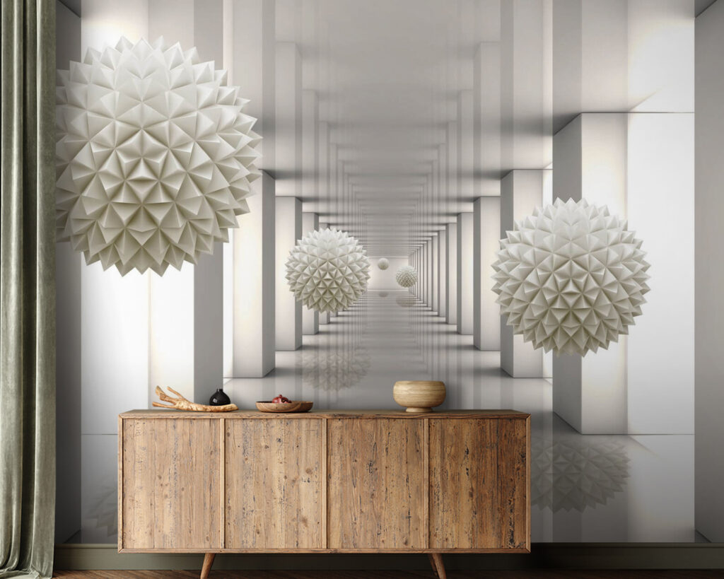 White room with white columns and white balls White room with white columns and white balls