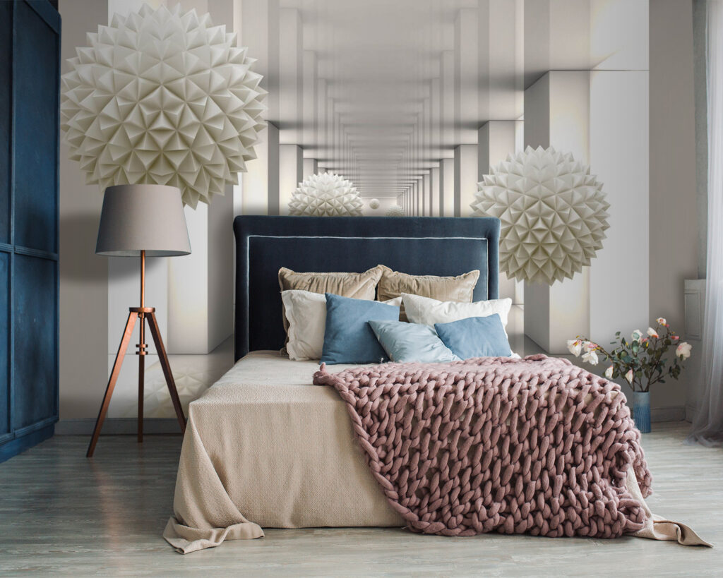 White room with white columns and white balls White room with white columns and white balls