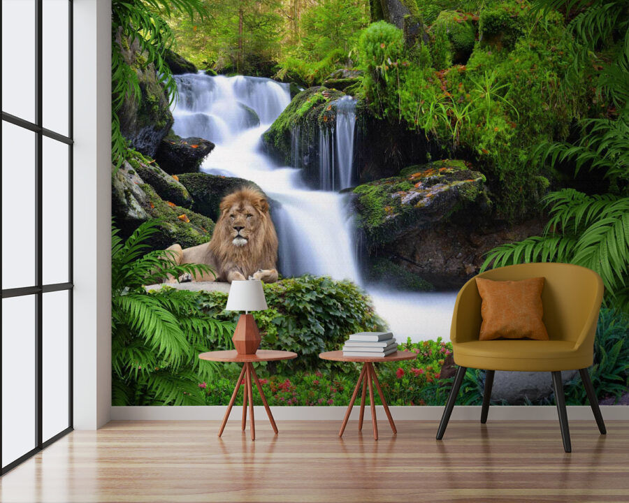 Lion lying on a rock next to a waterfall Lion lying on a rock next to a waterfall