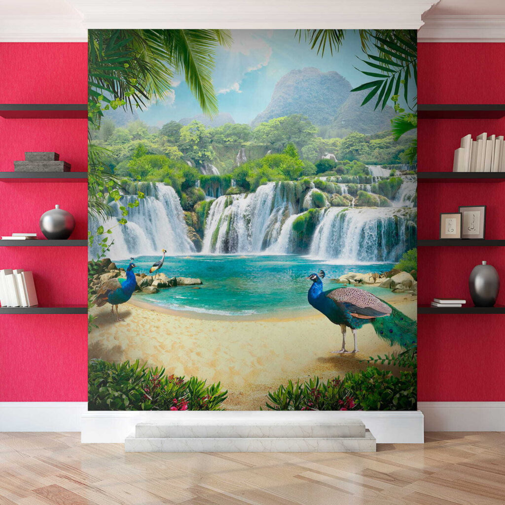 Waterfall and birds in a forest