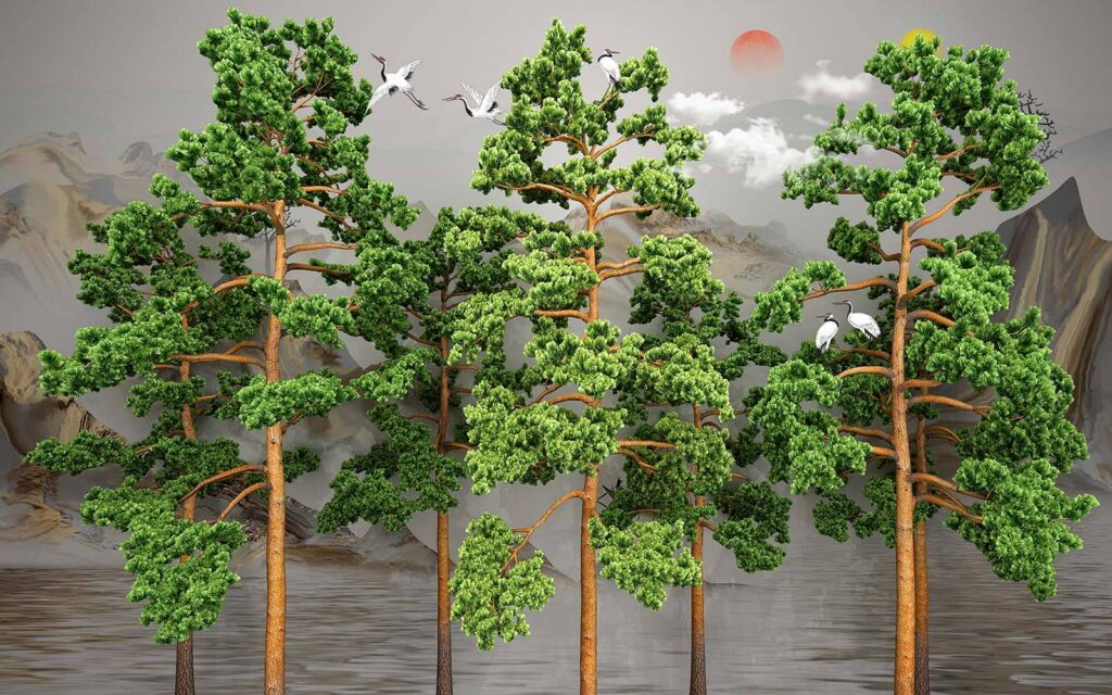 Group of trees with birds flying above them Group of trees with birds flying above them
