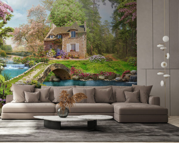 Stone bridge over a pond with a house and trees Stone bridge over a pond with a house and trees