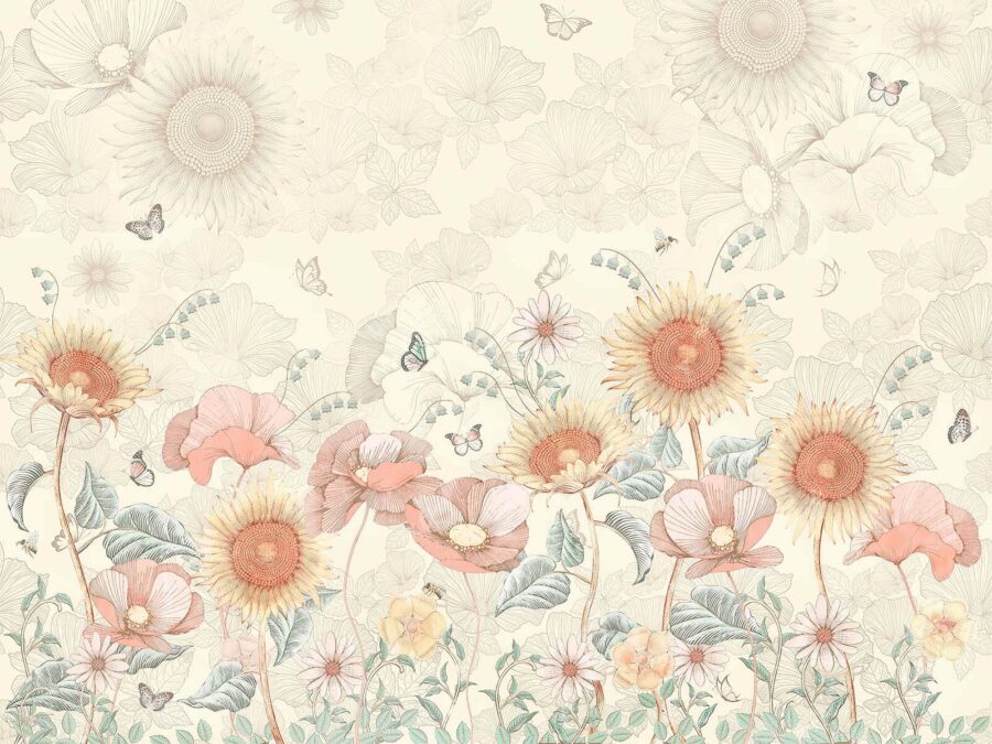 Wallpaper with flowers and butterflies