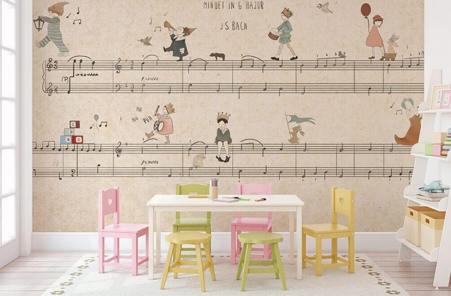 Sheet of music with drawings of people playing instruments