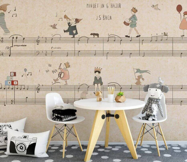 Sheet of music with drawings of people playing instruments Sheet of music with drawings of people playing instruments