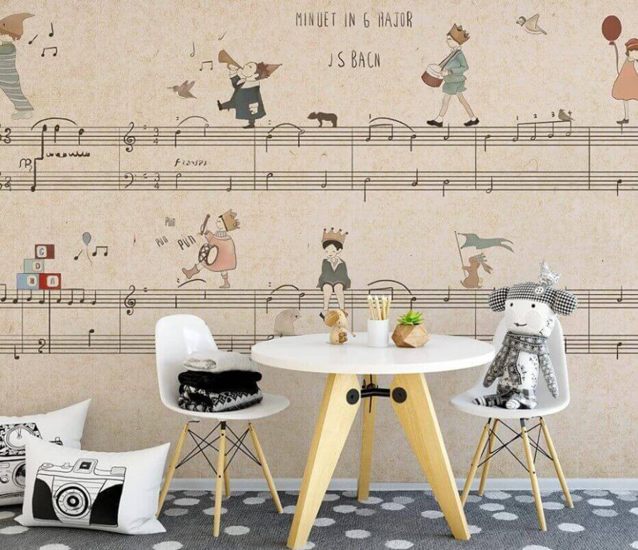 Sheet of music with drawings of people playing instruments