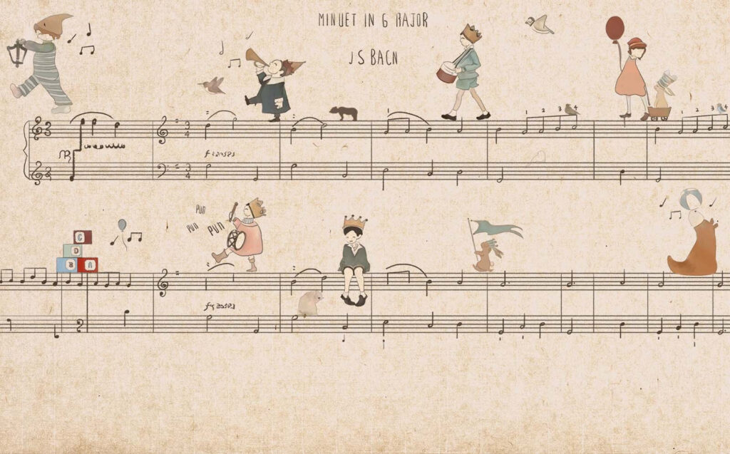 Sheet of music with drawings of people playing instruments Sheet of music with drawings of people playing instruments