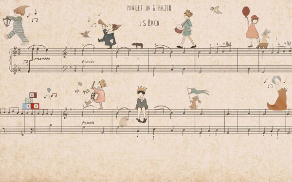 Sheet of music with drawings of people playing instruments Sheet of music with drawings of people playing instruments