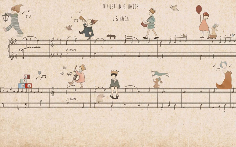 Sheet of music with drawings of people playing instruments