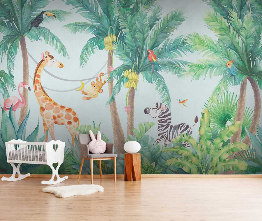 Giraffe and zebra in a jungle