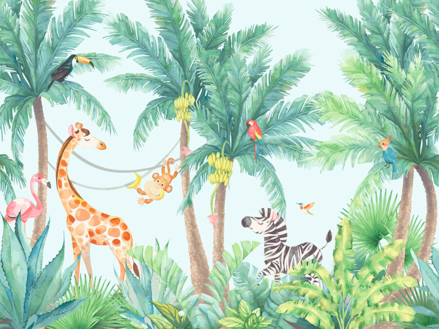 Giraffe and zebra in a jungle