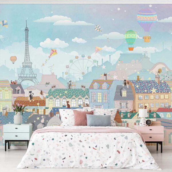 Cartoon city with many buildings and hot air balloons Cartoon city with many buildings and hot air balloons