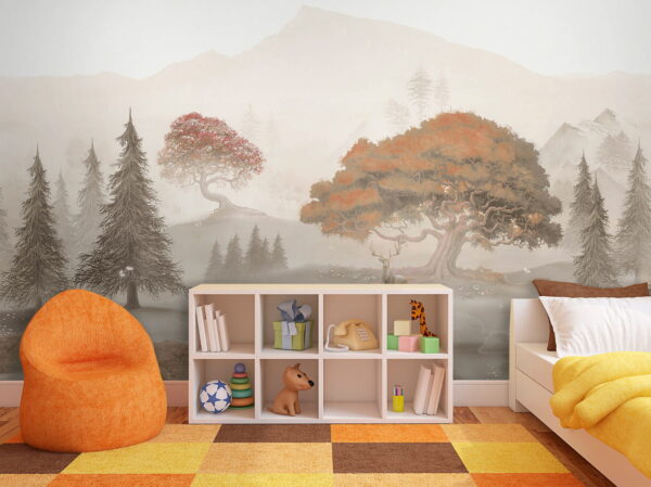 Painting of a forest with trees and mountains Painting of a forest with trees and mountains