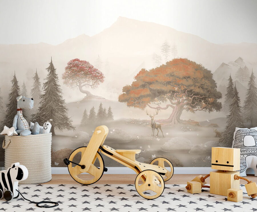 Painting of a forest with trees and mountains Painting of a forest with trees and mountains