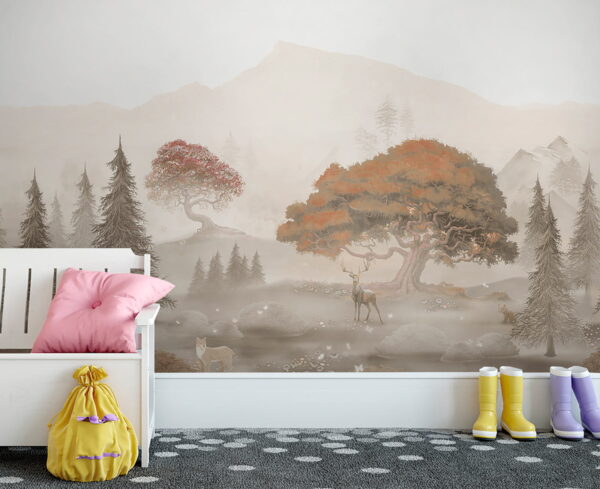 Painting of a forest with trees and mountains Painting of a forest with trees and mountains