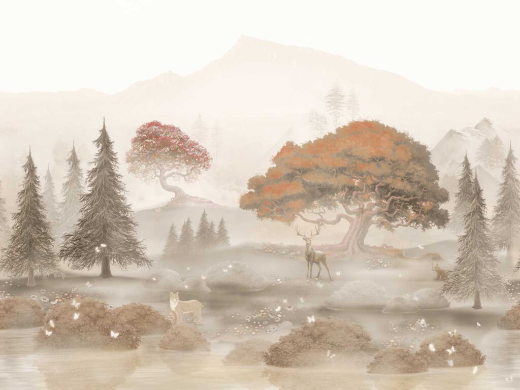 Painting of a forest with trees and mountains Painting of a forest with trees and mountains