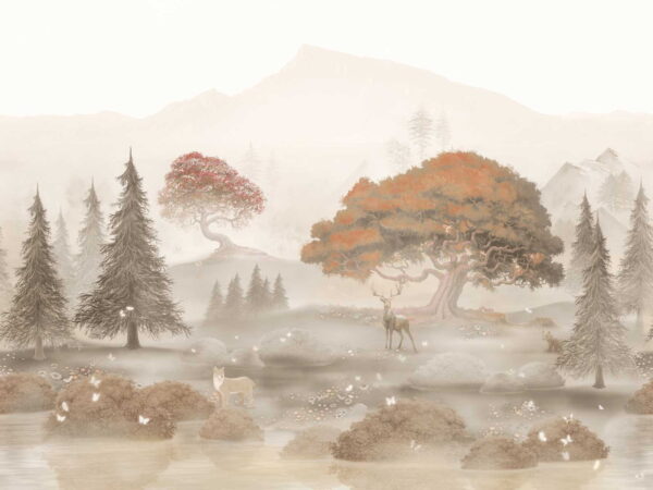 Painting of a forest with trees and mountains Painting of a forest with trees and mountains