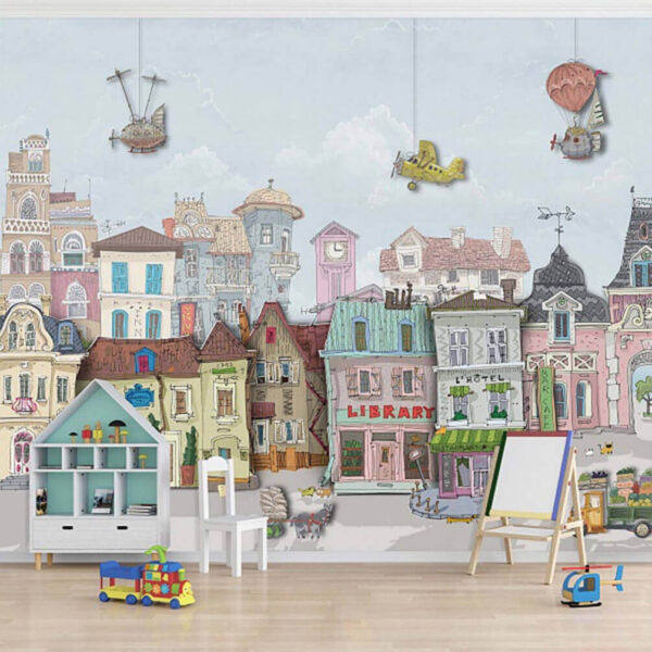 Group of buildings with cars and airplanes Group of buildings with cars and airplanes