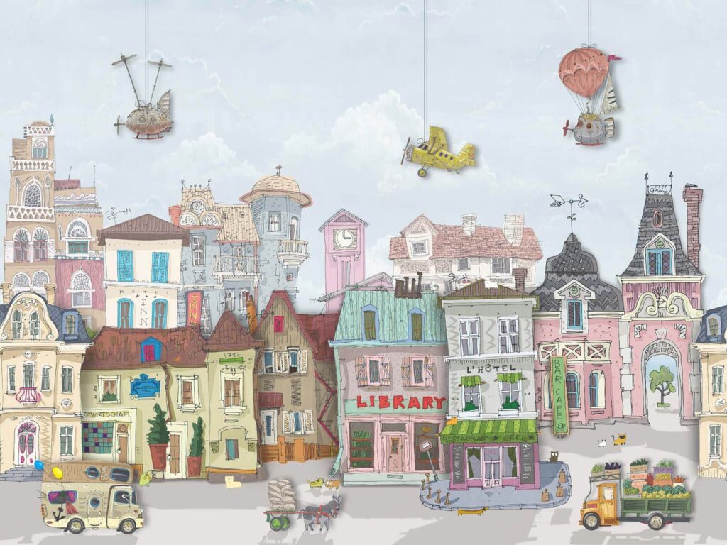 Group of buildings with cars and airplanes Group of buildings with cars and airplanes