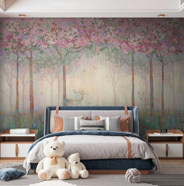 Painting of a forest with trees and flowers Painting of a forest with trees and flowers