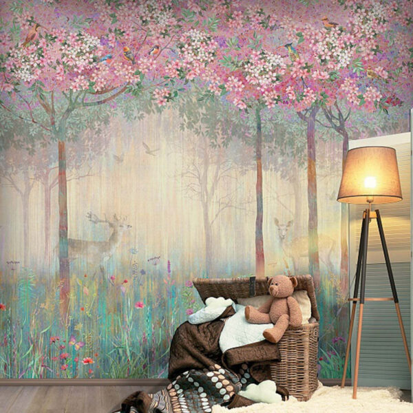 Painting of a forest with trees and flowers Wall murals Painting of a forest with trees and flowers