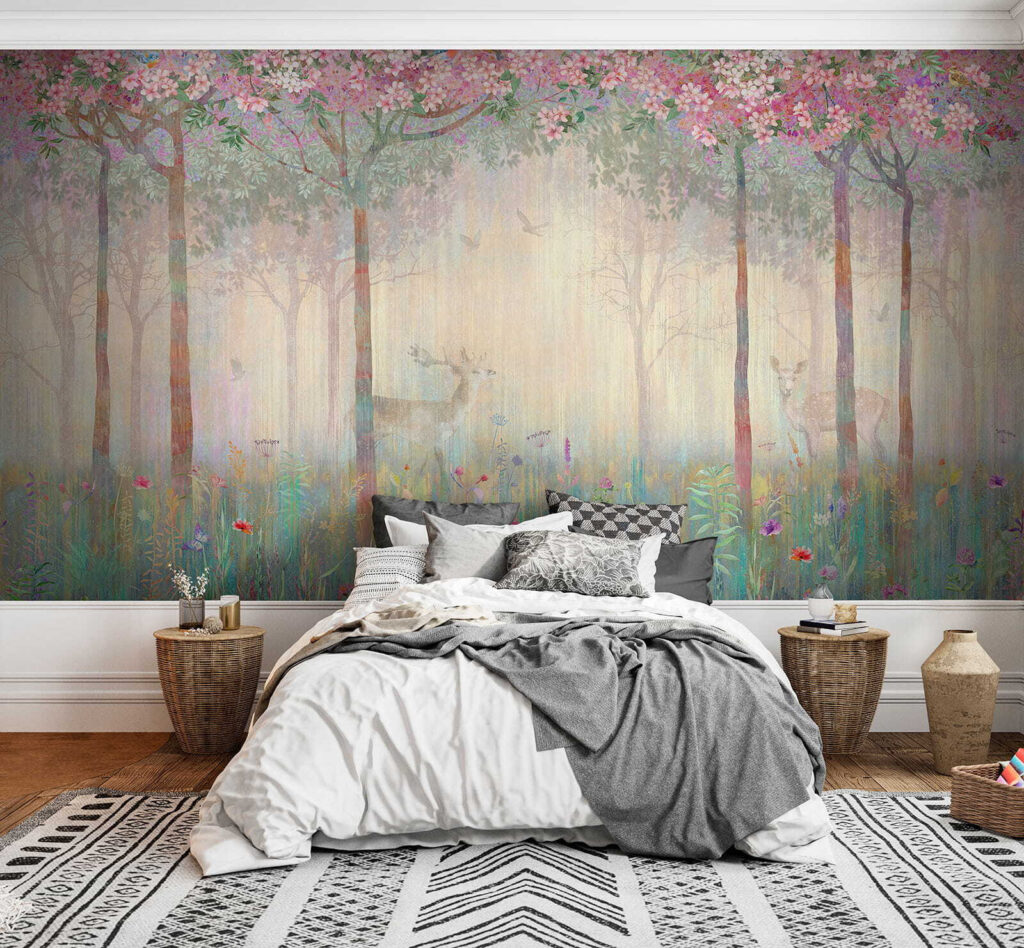 Painting of a forest with trees and flowers Painting of a forest with trees and flowers