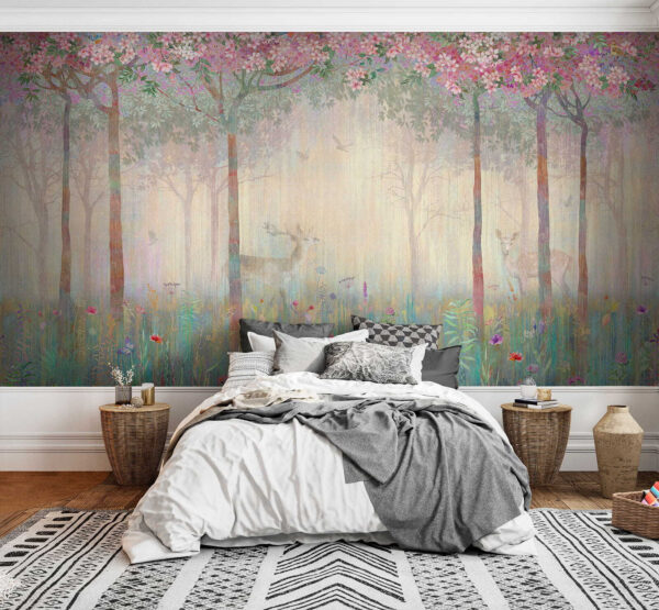 Painting of a forest with trees and flowers Painting of a forest with trees and flowers