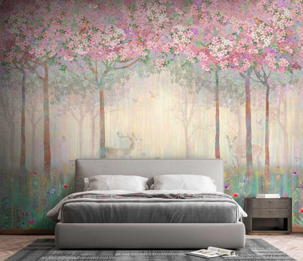 Painting of a forest with trees and flowers Painting of a forest with trees and flowers