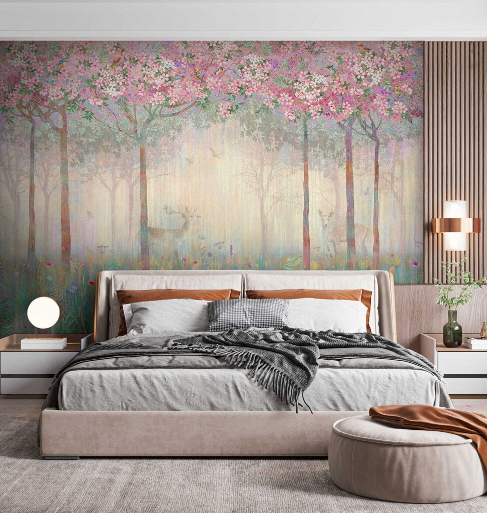 Painting of a forest with trees and flowers Painting of a forest with trees and flowers