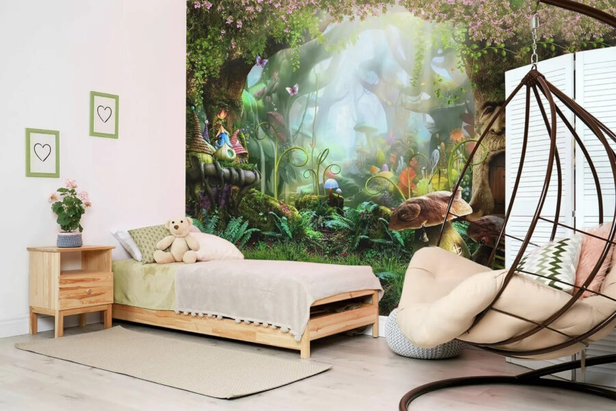 Wall murals Fairy tale forest with a fairy house and mushrooms