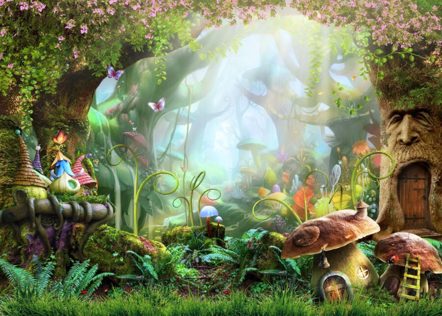 Fairy tale forest with a fairy house and mushrooms