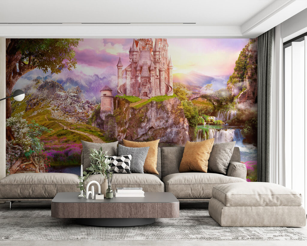 Castle on a cliff with a waterfall and a bridge Castle on a cliff with a waterfall and a bridge