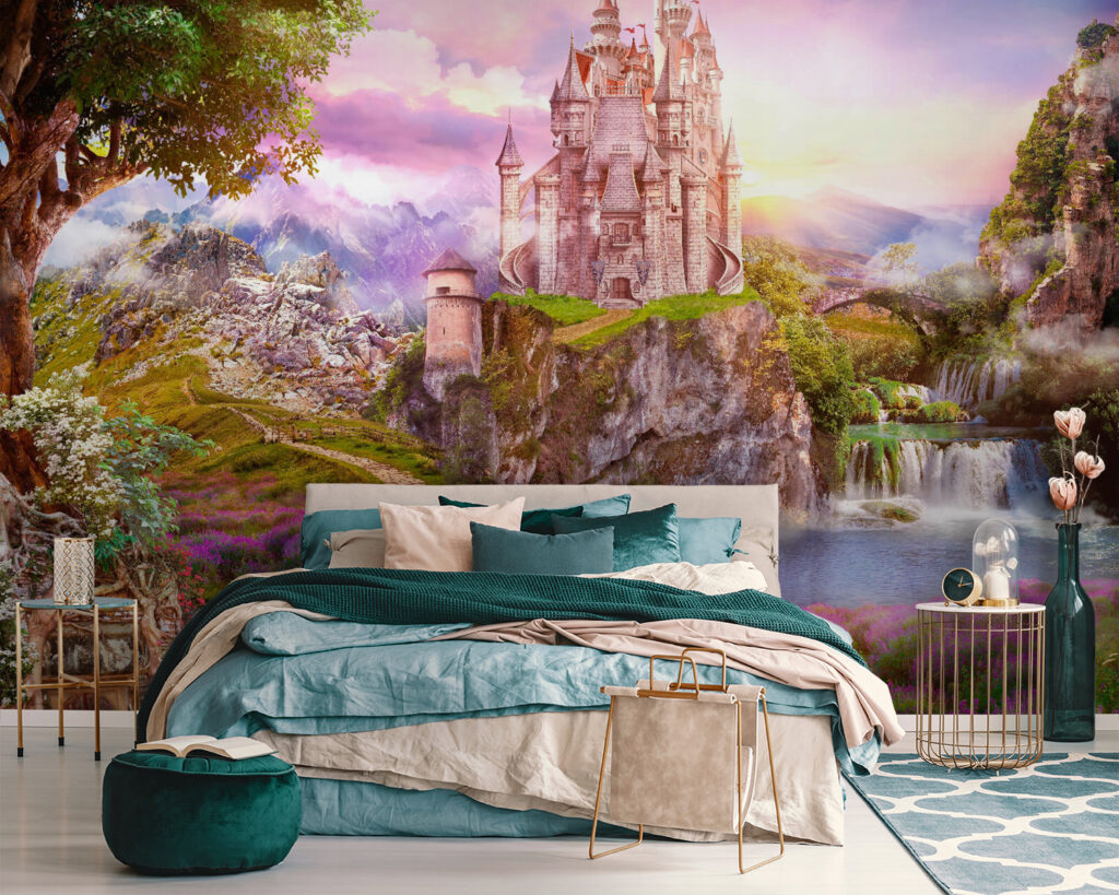 Castle on a cliff with a waterfall and a bridge Castle on a cliff with a waterfall and a bridge