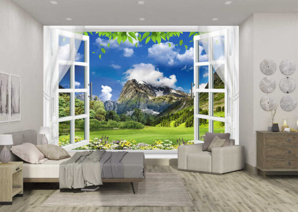 Window with a view of a mountain range and trees Window with a view of a mountain range and trees
