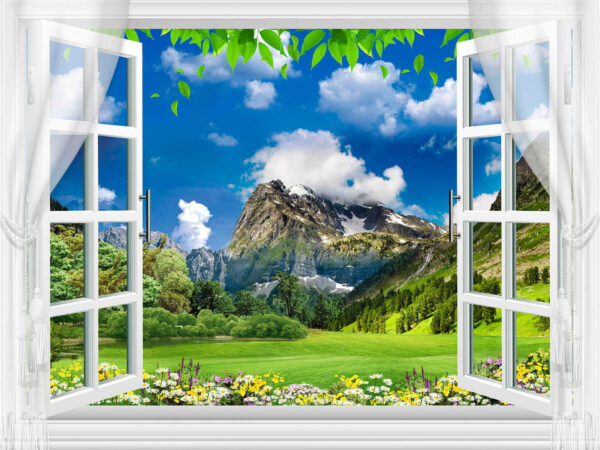 Window with a view of a mountain range and trees Window with a view of a mountain range and trees