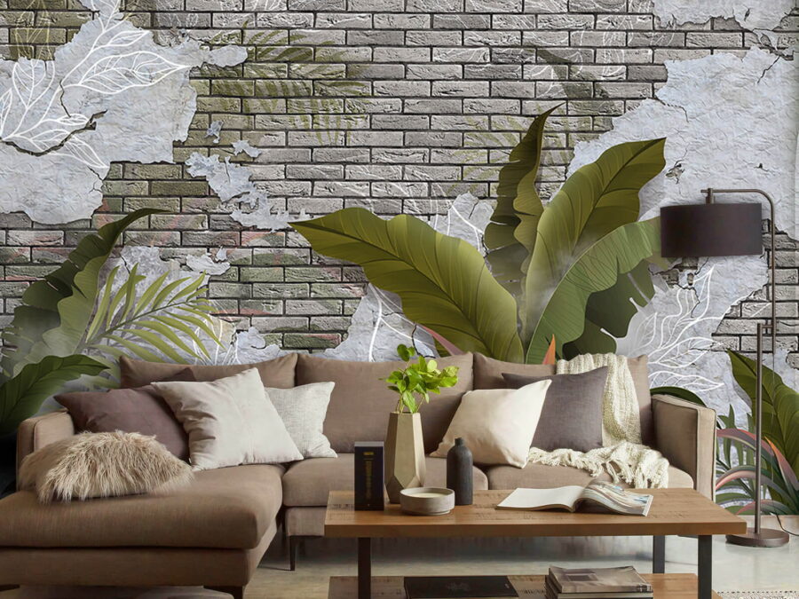 Brick wall with leaves and a brick wall Brick wall with leaves and a brick wall