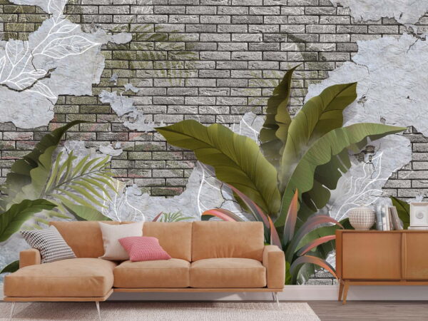 Brick wall with leaves and a brick wall Brick wall with leaves and a brick wall