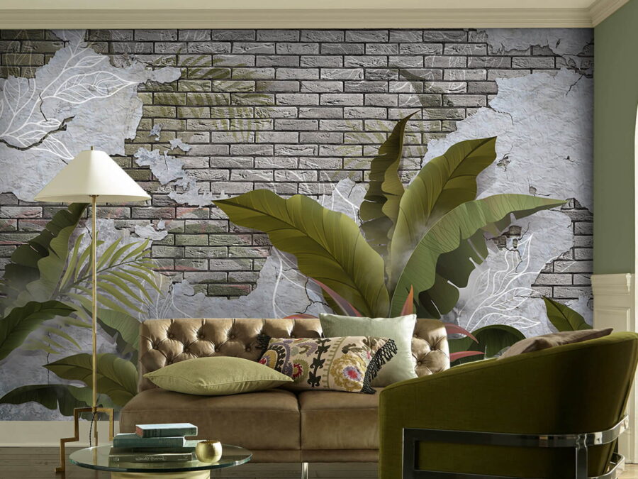 Brick wall with leaves and a brick wall Brick wall with leaves and a brick wall