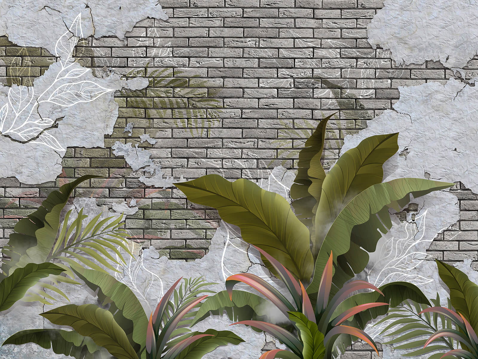 u59823p - Brick wall with leaves and a brick wall - tegory