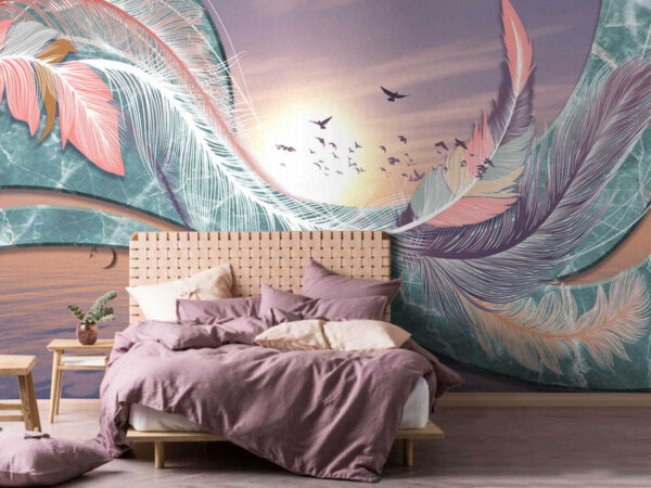 Colorful feathers and birds flying over water Colorful feathers and birds flying over water