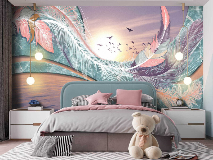 Colorful feathers and birds flying over water