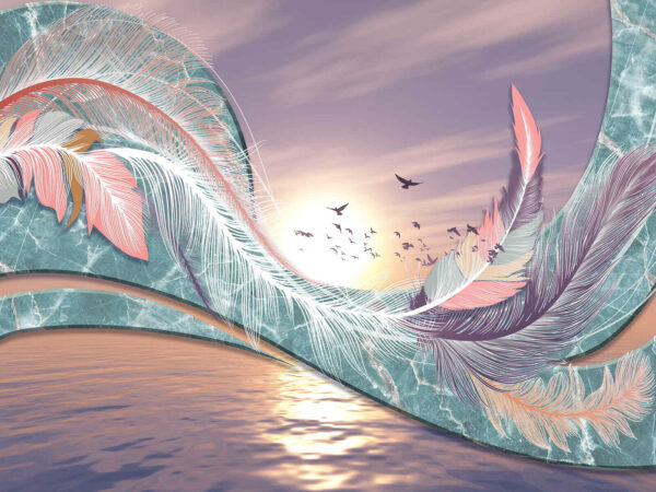 Colorful feathers and birds flying over water Colorful feathers and birds flying over water