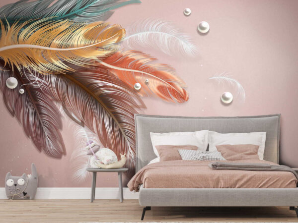 Group of colorful feathers and pearls Wall murals Group of colorful feathers and pearls