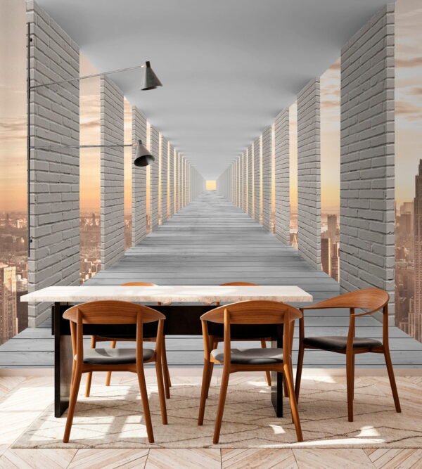 Long walkway with pillars and a city in the background Long walkway with pillars and a city in the background