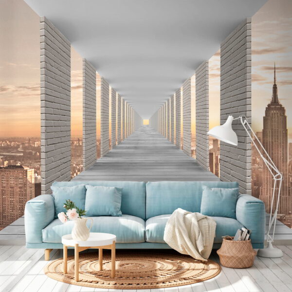 Long walkway with pillars and a city in the background Long walkway with pillars and a city in the background